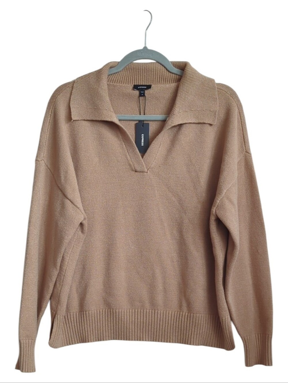 Express Men's Tan Sweater Long Sleeve Polo Shirts Cardigan Camel Size XL NWT